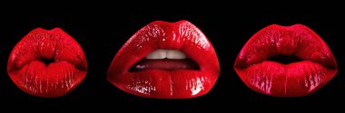 Kolaj seksi baştan çıkarıcı kadın ağzı, tutku yalama ve duygusal emme. Bir çift dudak baştan çıkarıcı tutku arzusu. Soyut sanat tasarımı, afiş. Siyah arkaplanda izole