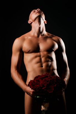 Sexy valentine. Male sex. Gay with a naked nude torso and roses bouquet hiding penis. Sexy muscle gay hiding male genital isolated on black. Sexy valentines day. Hot gay. Sexy valentine