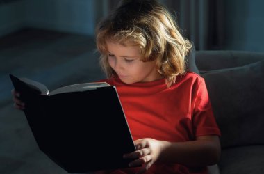 İlkokul ineği öğrenci kitabı okudu. Evde kitap okuyan bir çocuk. Küçük çocuk oturma odasında kanepede oturmuş masal kitabı okuyor. Çocuk ilkokul için ödev yapıyor.