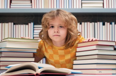 Okula dönelim. Öğrenci çocuk okulda kitap okuyordu. Çocuk ödev yapıyor, kütüphanede, kitapların yanında oturuyor.