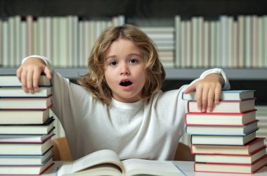 Kitap yığınları olan bir okul çocuğu. Bilgi toplama günü. Çocuk kütüphanede masa başında ödev yapıyor. Okul çocuğu kitap yığınının yanında ev ödevi edebiyatı okuyor.