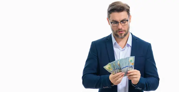 stock image Banner of business man in formal wear suit holding cash dollar bills on white banner. Big luck, banner. Dollar cash money concept. Rejoices to win cash. Man hold cash money. Financial luck and success