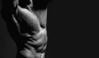 Seksi model vücut, çıplak gövde. Güçlü bir adam, baştan çıkarıcı bir eşcinsel. Kaslı, üstsüz, çekici bir adam. Üstsüz model. Stüdyoda çıplak eşcinsel pozu. Adam seksi görünüyor. Atletik kaslar