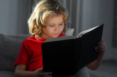 Kitabı olan bir okul çocuğu. Odadaki kanepede uzanmış kitap okuyan sıradan giyinmiş tatlı bir çocuk.