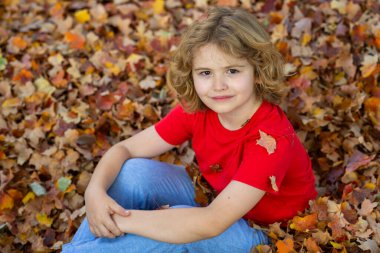 Bahçedeki yaprak yığınında yatan mutlu çocuk portresi. Çocukluk, sonbahar ve eğlence. Sarı sonbahar yapraklı çocuk portresi. Çocuklar sonbahar parkında oynarlar. Sonbahar yeşilliği