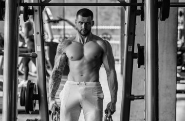 Muscular athletic fit man hard workout fitness in gym. Sport fitness and bodybuilding. Strong muscular doing exercise in the gym. Sexy muscular male body. Fitness man in the gym. Fitness training