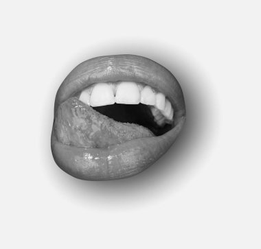 Sexy tongue licking sensual lips. Female lips on white isolated background, clipping path. Woman mouth with red lip, close up