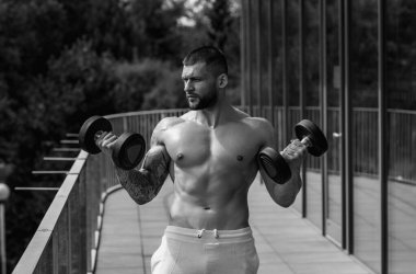 Handsome fit muscular caucasian man workout in the gym with weight pumping up muscles. Fitness and bodybuilding sport. Bodybuilder with dumbbells at gym, hard workout