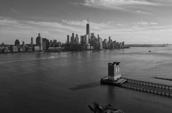 stock image New York skyline from drone. New York over the Hudson river. Manhattan NYC cityscape, aerial view. New York Manhattan downtown skyline. New York skyscrapers over Hudson river