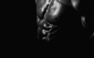 Güçlü Seksi Atletik Adam. Fitness Modeli çıplak gövdeyi gösteriyor. Banner için çıplak erkek cesediyle kesilmiş bir fotoğraf. Tasarım için seksi bir adam. Gay posteri. Şablonlar lgbt web paneli tasarımı