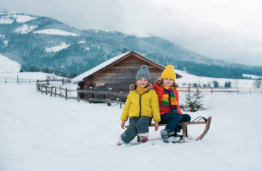 Oğlan ve kız, karlı bir ormanda kızak kayıyorlar. Açık hava kış çocukları Noel ve Yeni Yıl için eğlence