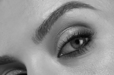 Mükemmel kaşlar. Kadının kaş makyajı yaptırmasına yakın çekim. Makro kaşına fırçayla kozmetik uyguluyordu. Mükemmel bir kaş şekli, kahverengi göz farı ve uzun kirpikleri. Güzellik konsepti