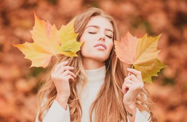 Doğanın tadını çıkaran güzel bir kız. Güzel bir sonbahar mankeni, yüzüne yakın sarı bir yaprak tutar. Moda portresi yapan kadın sarı akçaağaç yapraklarını saklıyor. Yapraklar düşüyor ve insanlar konsept yapıyor.