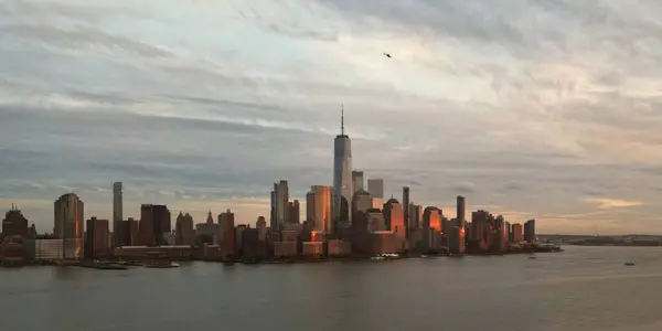 stock image Aerial view of New York City midtown Manhattan skyline panorama view over Hudson River from drone