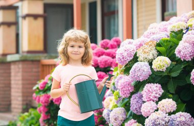 Çocuk yazın güneşli bir günde bahçede çiçek suluyor. Bahçede çiçekleri sulamak. Kırsal kesimde yaşayan çiftçi çocuklar. Bahçede çiçekleri sulayan sevimli küçük çocuk.
