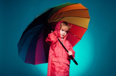 Çocuk ürününüzün ve hizmetlerinizin reklamını yapıyor. Autumn 'a hazırlanan yakışıklı küçük adam. Sonbahar yağmuru gününde sonbahar kıyafetleri giyen şirin bir çocuk. Renkli şemsiyeli, yağmurluk giyen neşeli çocuk.