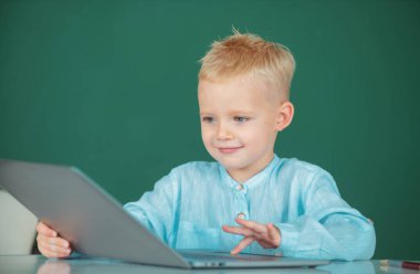 Online derste matematik okuyan bir öğrenci, online eğitim. Küçük komik programcı.