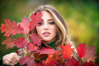 Sonbahar mevsimi. Yaprakları yapraklı genç bir kadının portresi. Sonbaharda güzel bir kız. Sonbaharda sarı yapraklı şehvetli bir kadın. Sonbahar arkaplanında yaprağı olan güzel bir kadın.