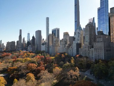 Central Park 'ın sonbaharında, şehir merkezindeki gökdelenler insansız hava aracı manzaralı. Sonbaharda New York City Manhattan Central Park Havalimanı panoraması. Central Park 'ta sonbahar. Sonbahar New York. Central Park Sonbahar Yeşilliği