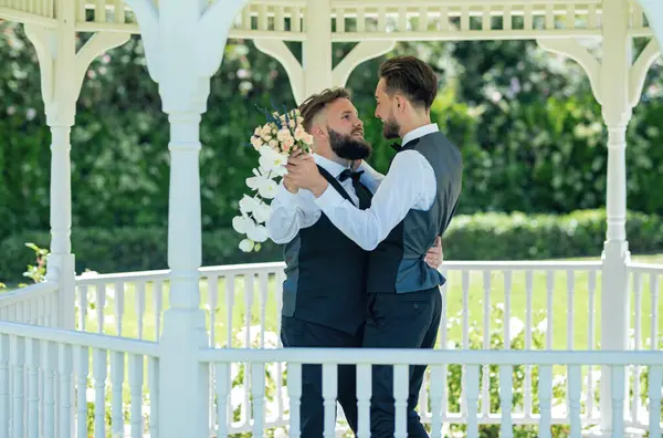 stock image Gay couple dancing on wedding. Romantic men same sex marriage. Gay couple wedding. Homosexual gay couple, LBGT couple at wedding ceremony, LGBTQ