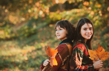 Neşeli kızlar altın bir yaprak tutarlar. Sonbahar parkında iki neşeli kız. Güz parkında ellerinde bir buket sarı yaprakla güzel genç kızlar.