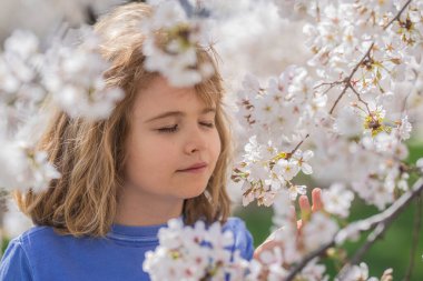 Bahar bahçesinde beyaz kiraz çiçekli sevimli bir çocuk. Mutlu bir çocukluk. Çocuklar bahar parkına yakın bir yerde. Çocuk Mutluluğu. Çocuklar Günü 'nde. Çiçek ağacının altında sevimli küçük bir çocuk. Çocuk baharı
