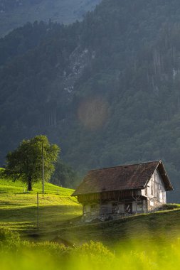 Eski ev, eski bina, tarihi retro mimari, yeşil manzaralı geleneksel Alpler evi, eski ev. Avrupa Alplerinde ahşap vintage House. Dağlardaki eski kulübe.