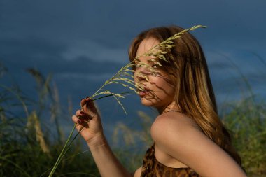 Moda elbisesi içinde güzel, kızıl saçlı bir manken. Dışarıdaki moda elbiseli baştan çıkarıcı kadın. Çayırda poz veren şehvetli genç bir kadın. Güzel model. Doğal güzellik.