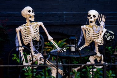 Cadılar Bayramı iskelet süslemeleri. Dekorasyon için cadılar bayramı iskeleti. Bir Amerikan evinin ön bahçesinde dekore edilmiş korkunç bir iskelet. Şeker mi şaka mı? Cadılar Bayramı iskelet arka planı
