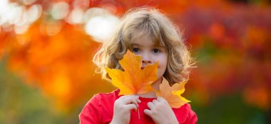 Güzel çocuk sonbahar sarı yapraklarıyla oynar. Sonbaharda parkta yapraklarla oynayan sevimli bir çocuğun portresi. Merhaba Autumn. Çocuklar sonbahar parkında eğleniyor. Çocuklar Sonbahar Yüzü