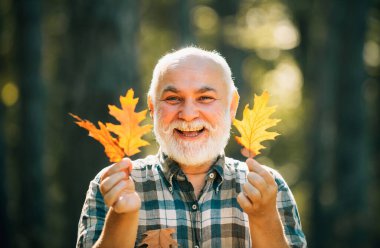 Özgürlük emekliliği kavramı. Sonbaharda yaşlı bir vatandaş parkta geziniyor. Kıdemli adam sonbaharda parkta yürüyor..