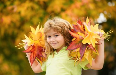 Mutlu sonbahar, komik sonbahar. Sonbahar parkında mutluluk ve neşeli çocuk