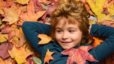 Sonbahar yapraklarında yatan komik çocuğun portresi. Mutlu sonbahar aktiviteleri, komik sonbahar. Mutluluk ve neşe, sağlık. Hayal kuran çocukların yüzleri