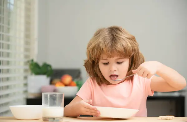 stock image Child eating healthy food at home. Baby eat soup with spoon