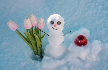 Kahve ve bahar çiçeği laleli kardan adam. Kar taneleri dokusunda kardan adam. Noel tasarımı için arkaplan