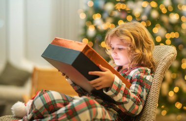 Noel 'de evde bir çocuk. Küçük çocuk Noel 'i ya da yeni yılı kutluyor