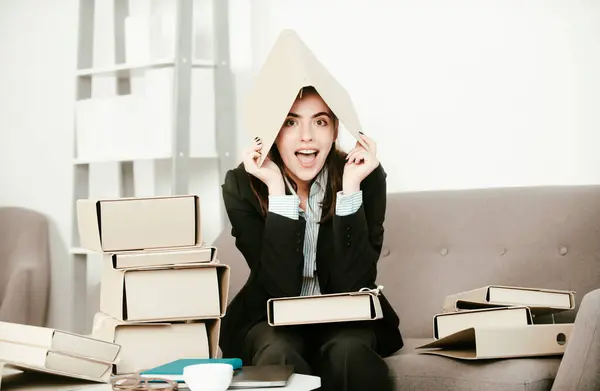 stock image Crazy business. Portrait of young businesswoman accountant in formal wear at office work place. Successful female manager, beautiful secretary girl