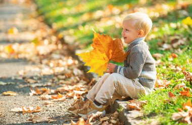 Beyaz, şirin bir çocuğun sonbahar portresi. Ilık örülü süveter giyen çocuklar. Sonbahar çocuk konsepti, sonbahar havası bırakır.
