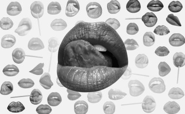 Sexy tongue licking sensual lips. Lips and mouth. Red lip background. Female lips