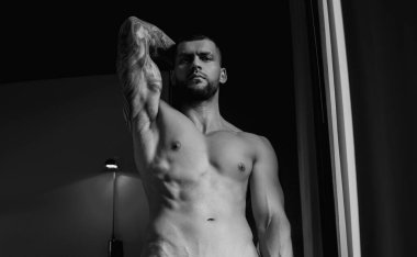 Kaslı omzu ve göğsü olan seksi bir erkek. Seksi, formda, sportif bir vücut. Şehvetli kas yığını göğsünü gösteriyor. Kaslı üstsüz erkek modeli. Gay seksi model. Mükemmel omuzlar ve göğüs.