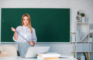 İşaretçi ile genç öğretmen. Güzel öğrenci, tatlı sarışın, okuldaki genç bayan.