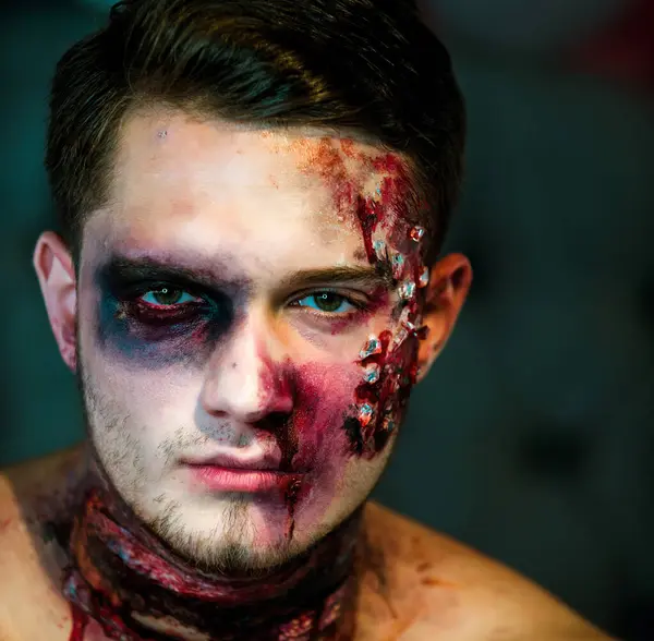 Büyük zombi adam Cadılar Bayramı vampir ya da yaralar olan kanlı savaş asker ve kabak ile kırmızı kan. 31 Ekim. Yukarı ve korkunç yapmak kavramı adam için. Kutlama partisi. Kafatası yapmak genç adam portresi