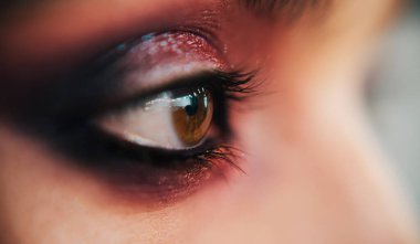 Shiny glitter pigments in eyes makeup. Luxury eye makeup concept. Purple smokey eyes makeup close up photo. Professional smokey eyes make up at girl for special occasion