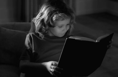 İlkokul ineği öğrenci kitabı okudu. Evde kitap okuyan bir çocuk. Küçük çocuk oturma odasında kanepede oturmuş masal kitabı okuyor. Çocuk ilkokul için ödev yapıyor.