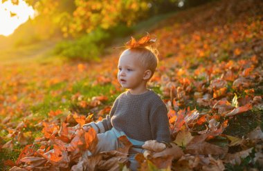Çocuk sonbaharı arka planda kalır. Sonbaharın sıcak anları. Küçük mavi gözlü çocuk sonbaharın tadını çıkarıyor. Güneşli bir sonbahar gününde küçük bir bebek. Sıcaklık ve samimiyet. Mutlu bir çocukluk. Tatlı çocukluk anıları.