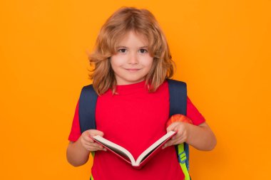 Kitap ve elmalı okul çocuğu. Öğrenci okulu. İlkokul çocuğu. Sarı izole edilmiş arka planda komik bir öğrencinin portresi