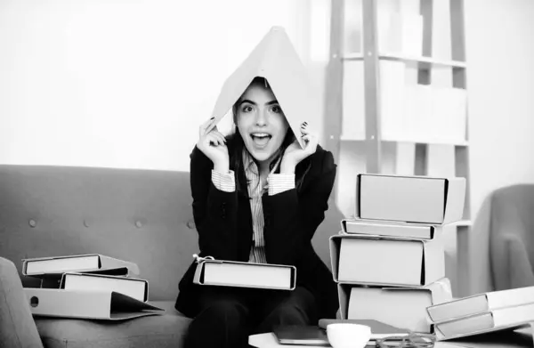 stock image Crazy business. Portrait of young businesswoman accountant in formal wear at office work place. Successful female manager, beautiful secretary girl