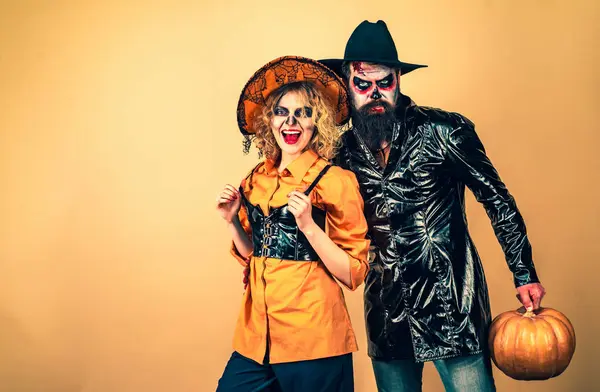 stock image Happy gothic couple in Halloween costume. Celebration Halloween. Halloween sale and shopping