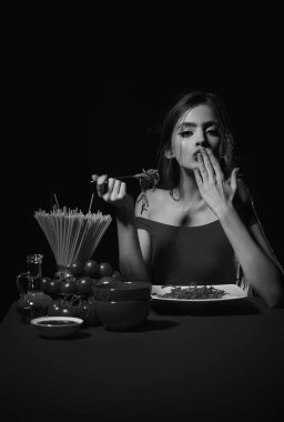 Sexy woman eating Italian pasta spaghetti. Hunger, appetite and recipe. Delicious pasta. Italian pasta. Spaghetti love. Sensual woman eat spaghetti. Hungry girl. Pasta in mouth clipart