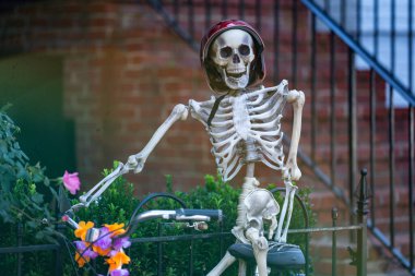 Cadılar Bayramı Korkunç İskeletleri. Cadılar Bayramı balkabağı ve dekore edilmiş ev için iskelet. Bir Amerikan evinin ön bahçesinde dekore edilmiş korkunç bir şey. Şeker mi şaka mı? Cadılar Bayramı geçmişi. Cadılar Bayramı 'nın sonbahar tatili